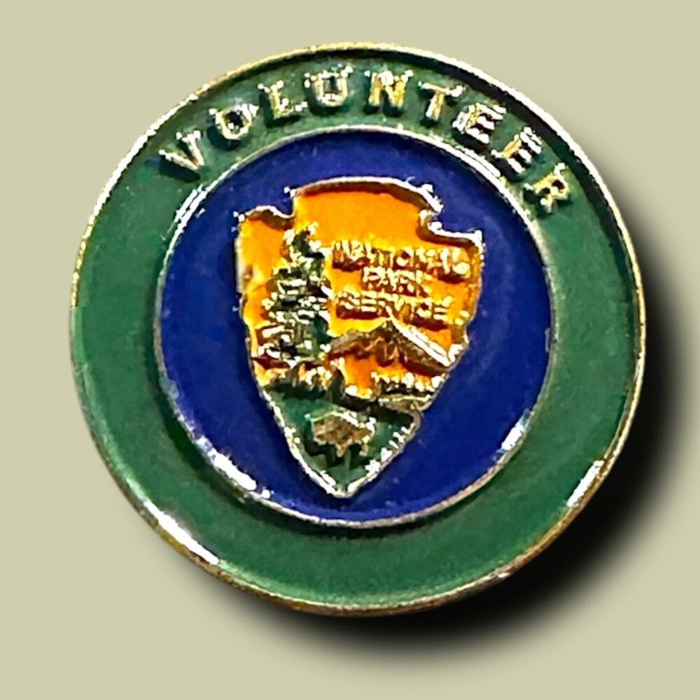 National Park Service Volunteer Enamel Pin Round 1" Green & Blue With Gold Accen